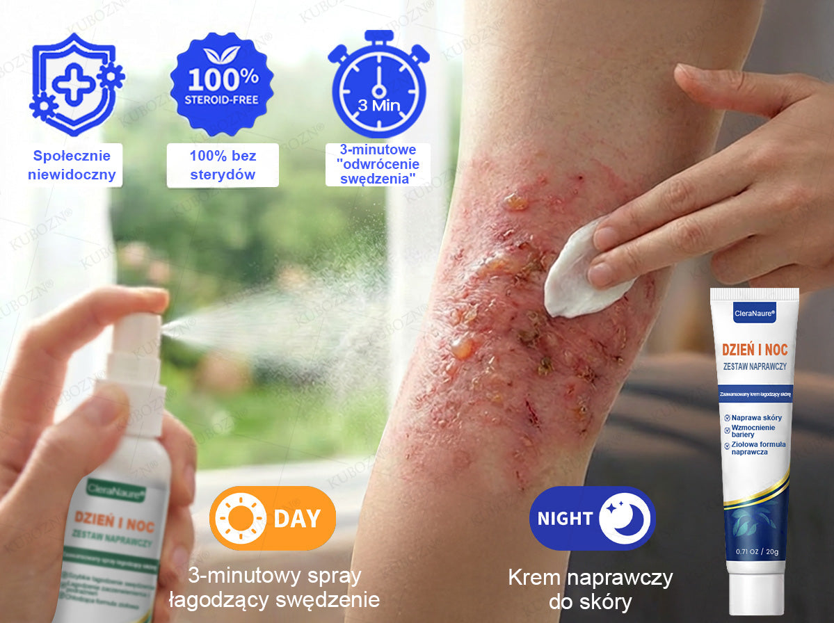 CleraNaure® Eczema Day & Night Repair System – 100% bezwsterydowy duet łagodzący dla intensywnego swędzenia, zaczerwienienia i uszkodzonej skóry (oferta)