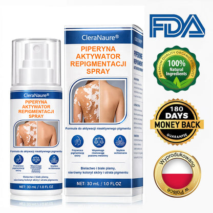 Spray aktywujący repigmentację Piperine Repigment Aktivator® CleraNaure, który aktywuje uśpione komórki pigmentowe i przywraca naturalny kolor skóry.