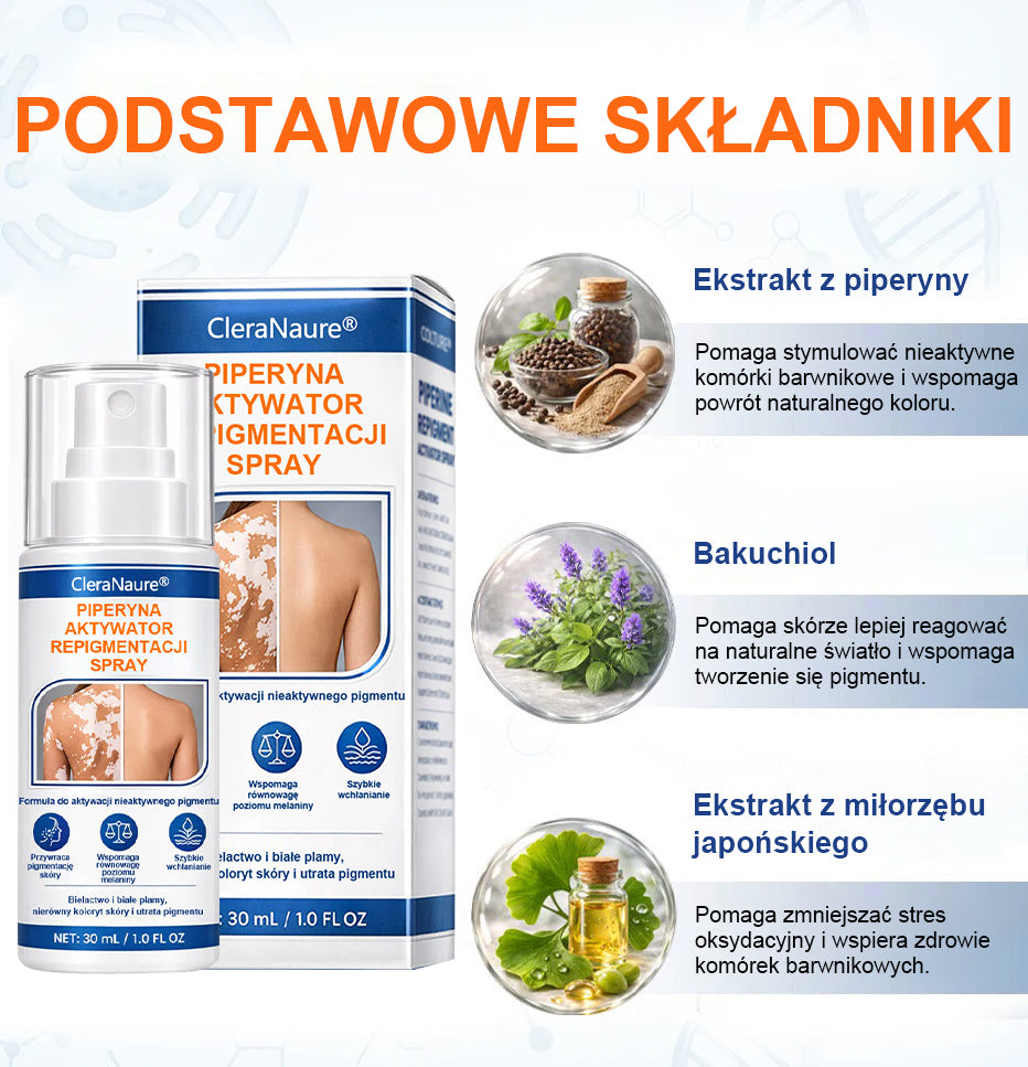 Spray aktywujący repigmentację Piperine Repigment Aktivator® CleraNaure, który aktywuje uśpione komórki pigmentowe i przywraca naturalny kolor skóry.