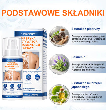 Spray aktywujący repigmentację Piperine Repigment Aktivator® CleraNaure, który aktywuje uśpione komórki pigmentowe i przywraca naturalny kolor skóry.
