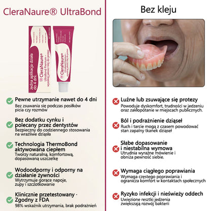 CleraNaure® UltraBond Premium Klej do protez dentystycznych 🔥 Klinicznie udowodniona przyczepność na 4 dni dla bezpiecznego, komfortowego i bezpiecznego klejenia protez bez cynku 🦷