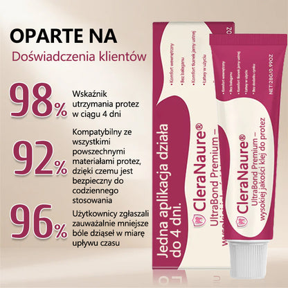 CleraNaure® UltraBond Premium Klej do protez dentystycznych 🔥 Klinicznie udowodniona przyczepność na 4 dni dla bezpiecznego, komfortowego i bezpiecznego klejenia protez bez cynku 🦷